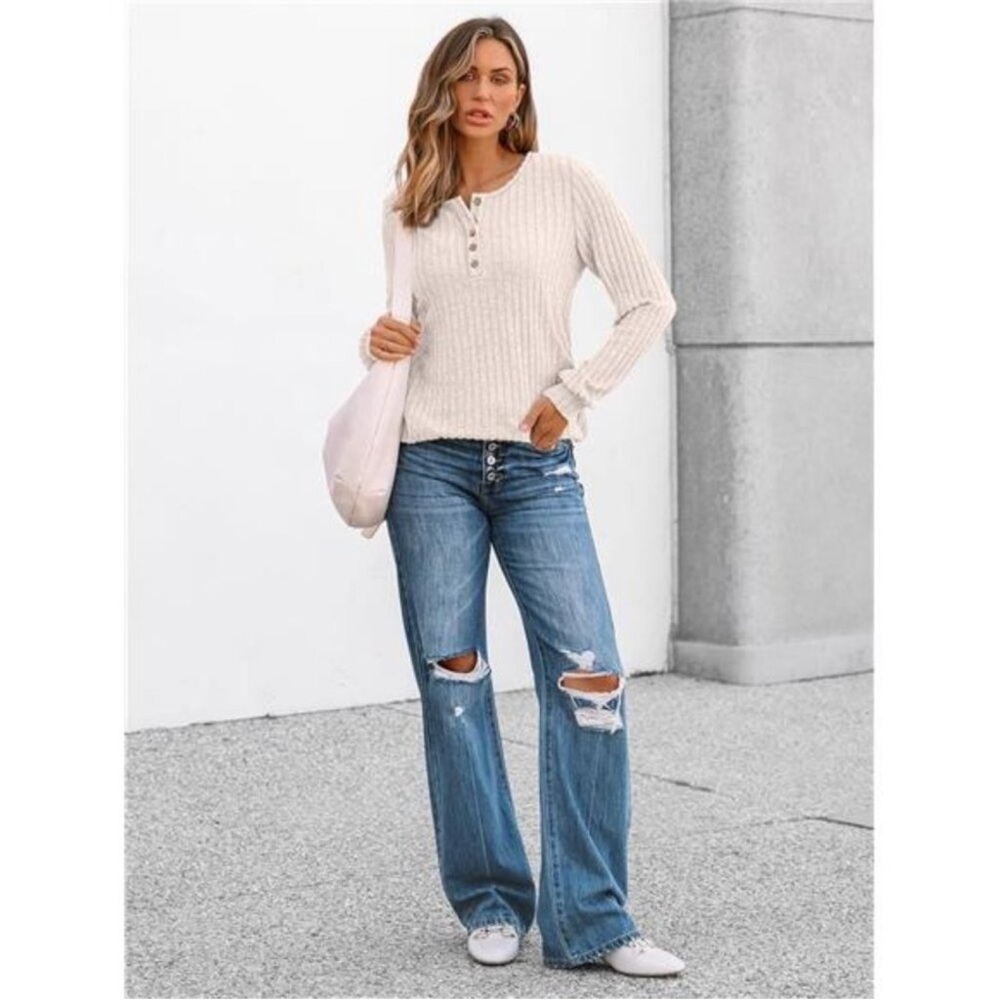 Womens Long Sleeve Henley Shirt Business Casual Tunic Sweater Lightweight Top - Picture 5 of 7